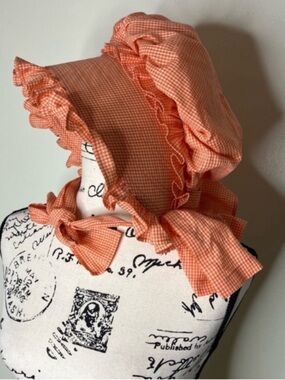 Orange gingham checked pioneer colonial bonnet hat